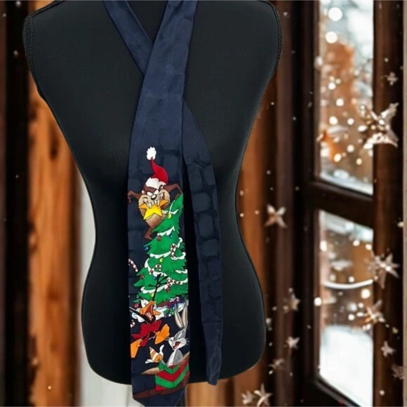 Warner Bros. Tie. Christmas Tie  Mens Looney Tunes  Tie - Navy and Multicolou - Picture 1 of 6
